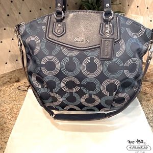 COACH Navy, white, teal Chanel styled “C” pattern shoulder & handled bag F-25183